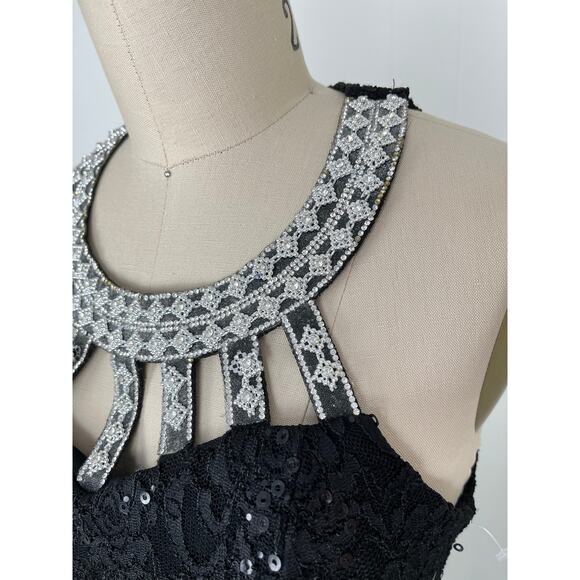 Vintage 90s Y2K Black Lace Maxi Dress Gown Medium Beaded Rhinestone Mermaid Hem - Picture 5 of 16